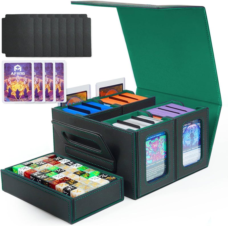 AFIING Commander Deck Box for MTG, Holds 400+ Double-Sleeved Cards, 4 Removable Deck Cases with Display Window, Dice Tray/Handle,Trading Card Storage Organizer/Dividers for TCG (Black Green) - Image 1